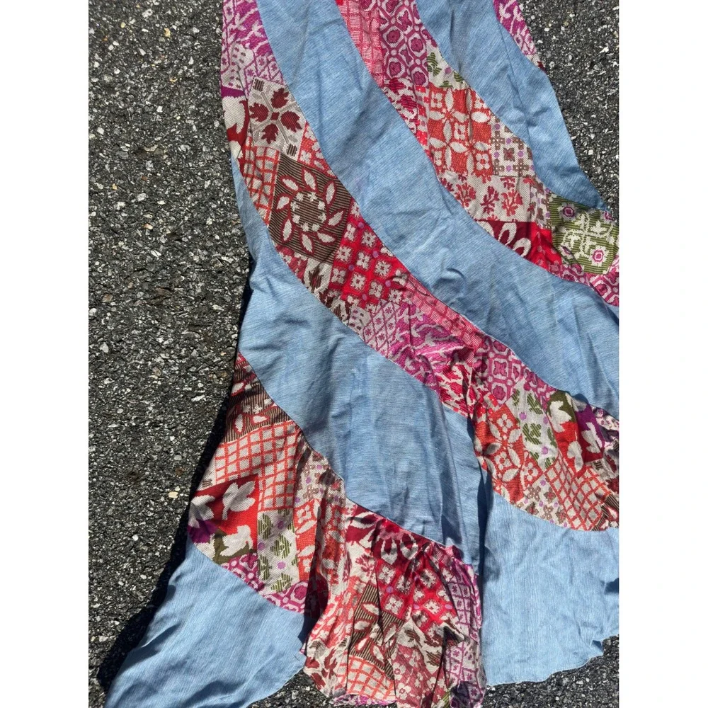 70s Vintage Spiral Patchwork Maxi Skirt Blue Denim Boho Floral Red Pink 23 Waist